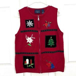 Liz Claiborne Vintage Christmas Sweater Vest Red Knit Embroidered Petite Large